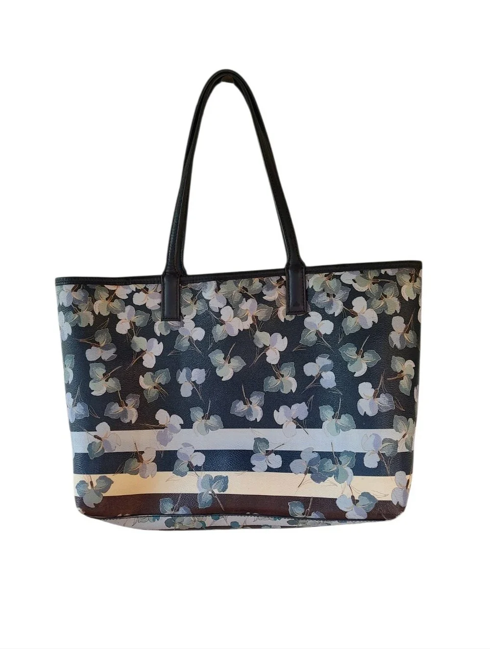 Tory Burch Navy Floral Stripe Large Tote with Gold Logo